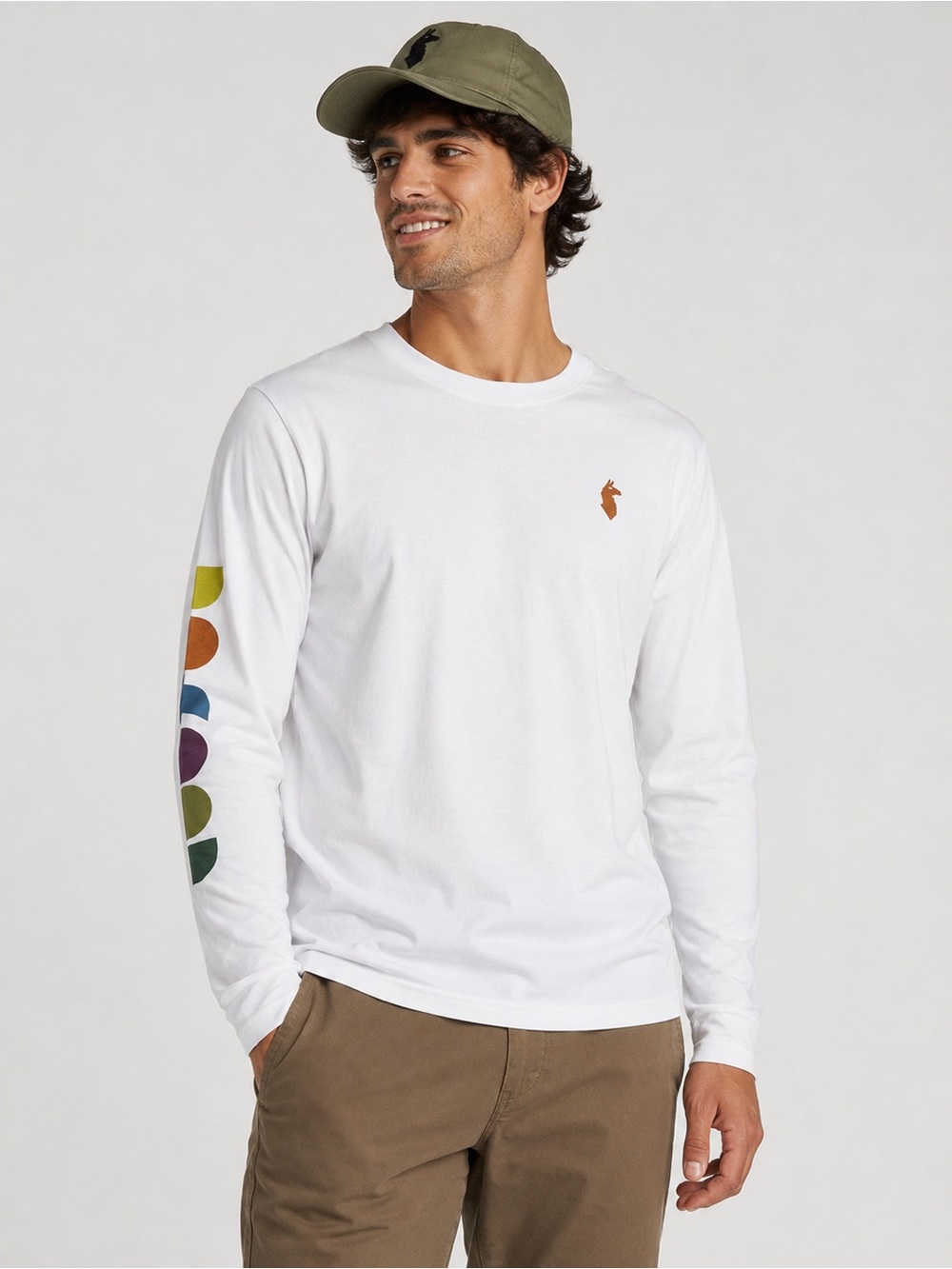 Cotopaxi White Long Sleeve Tee Multicolor Sleeve Dot Logo Shirt Size Small